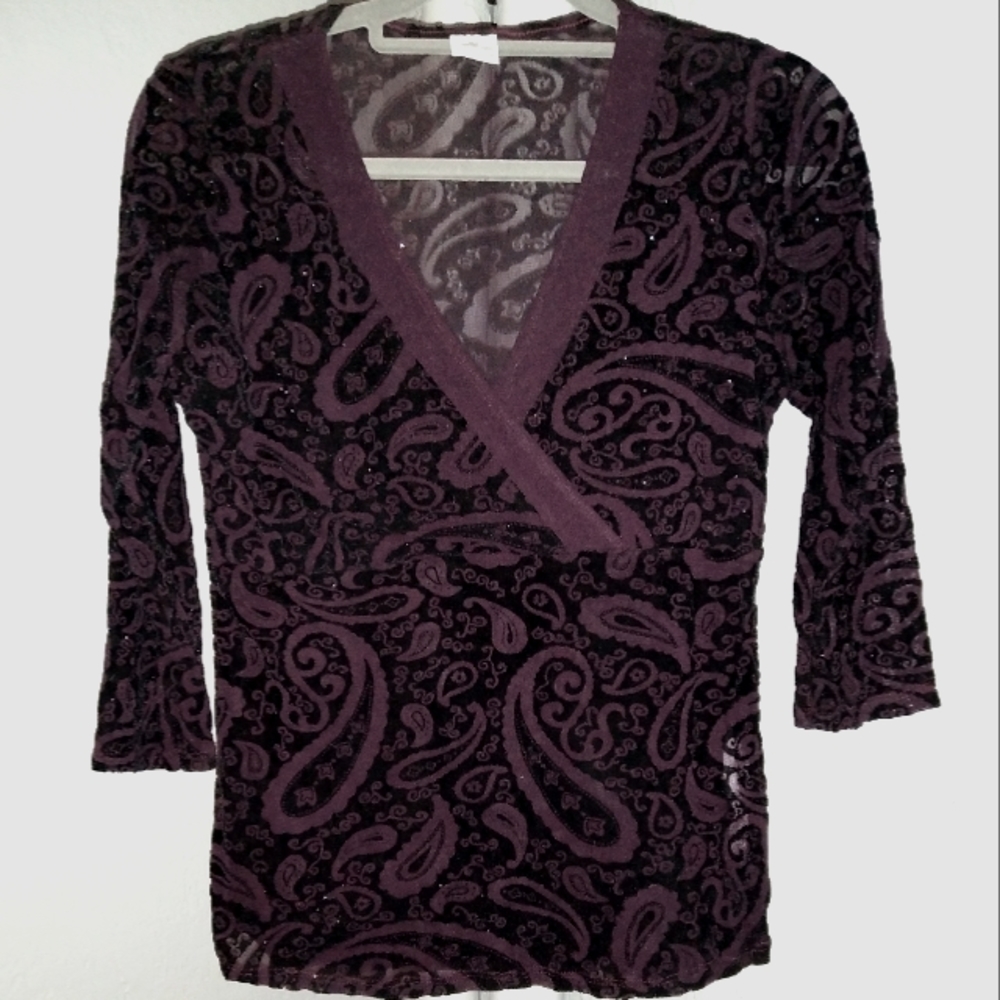 Purple Black Burnout Velvet Blouse Paisley Semi Sheer Goth Whimsygoth Wrap Top - Picture 14 of 14